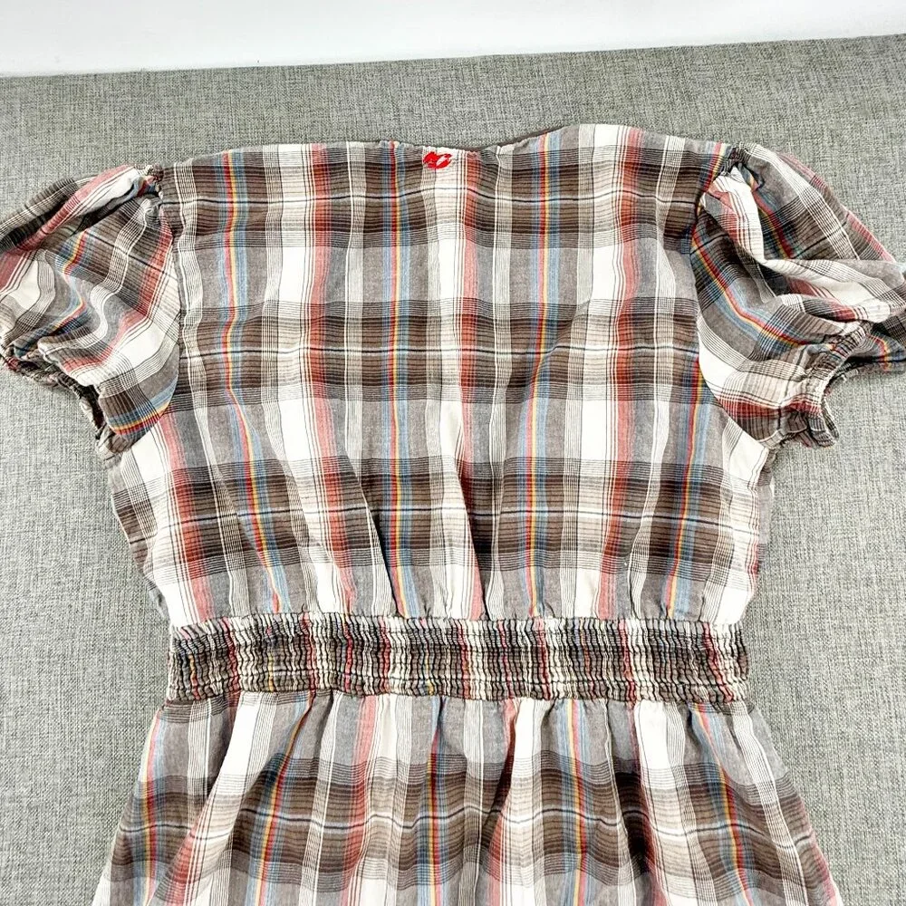 Billabong Vintage Plaid Dress Lined Low V-Neck Short Sleeve 100% Cotton Large - Picture 12 of 14